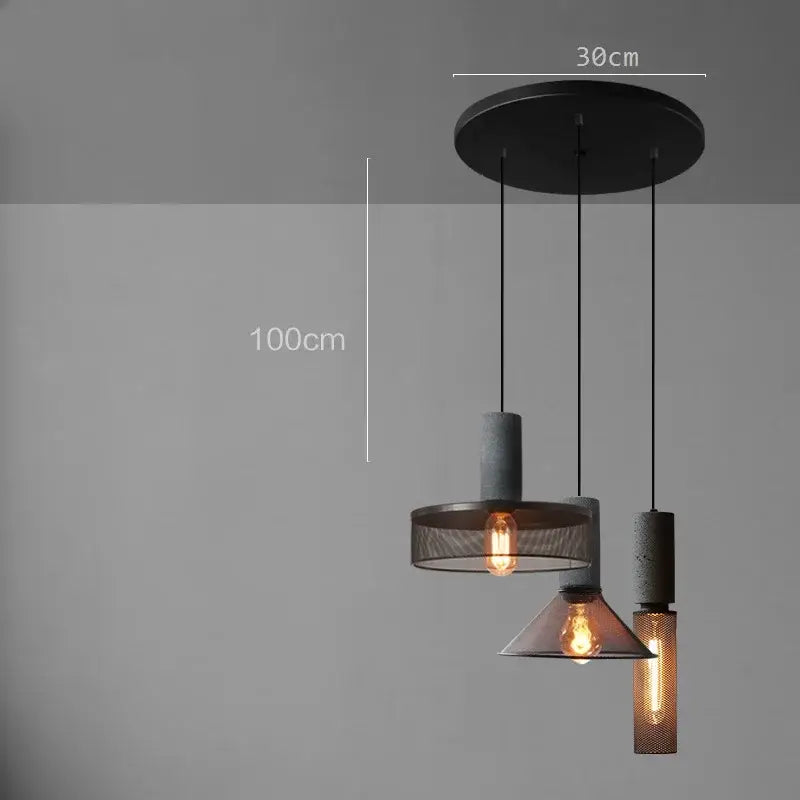 Industrial cement metal pendant light with three concrete and metal shades and warm filament bulbs for dining room decorbites industrial cement