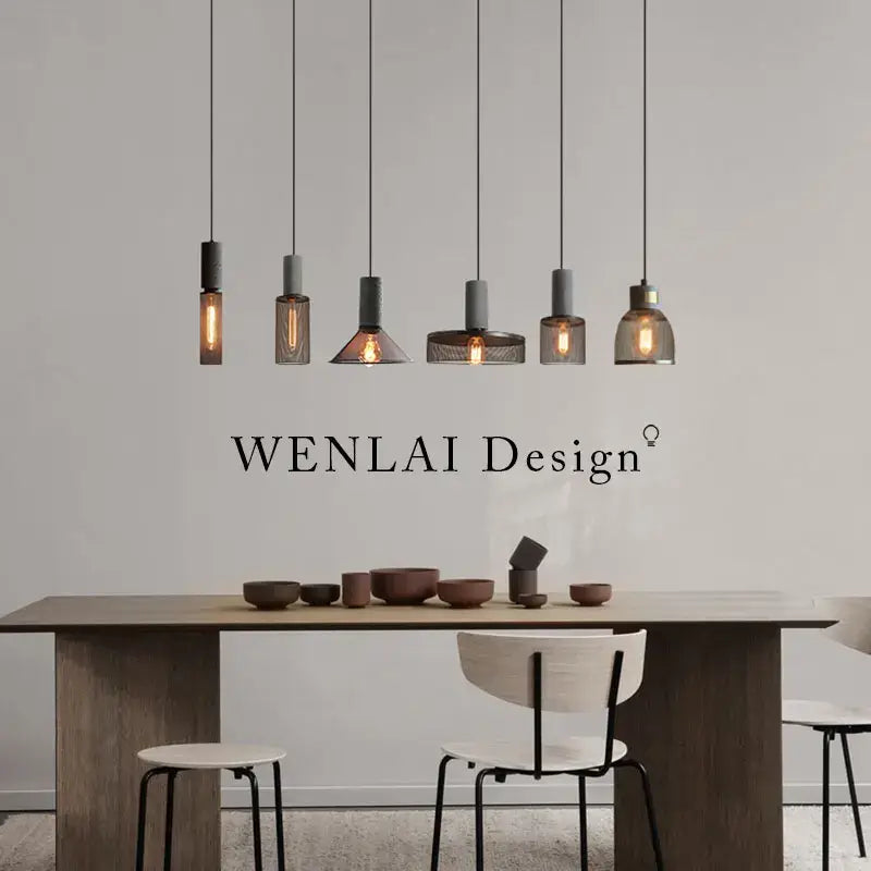 Set of six decorbites industrial cement metal pendant lights with matte gray cylindrical shades for dining room decor