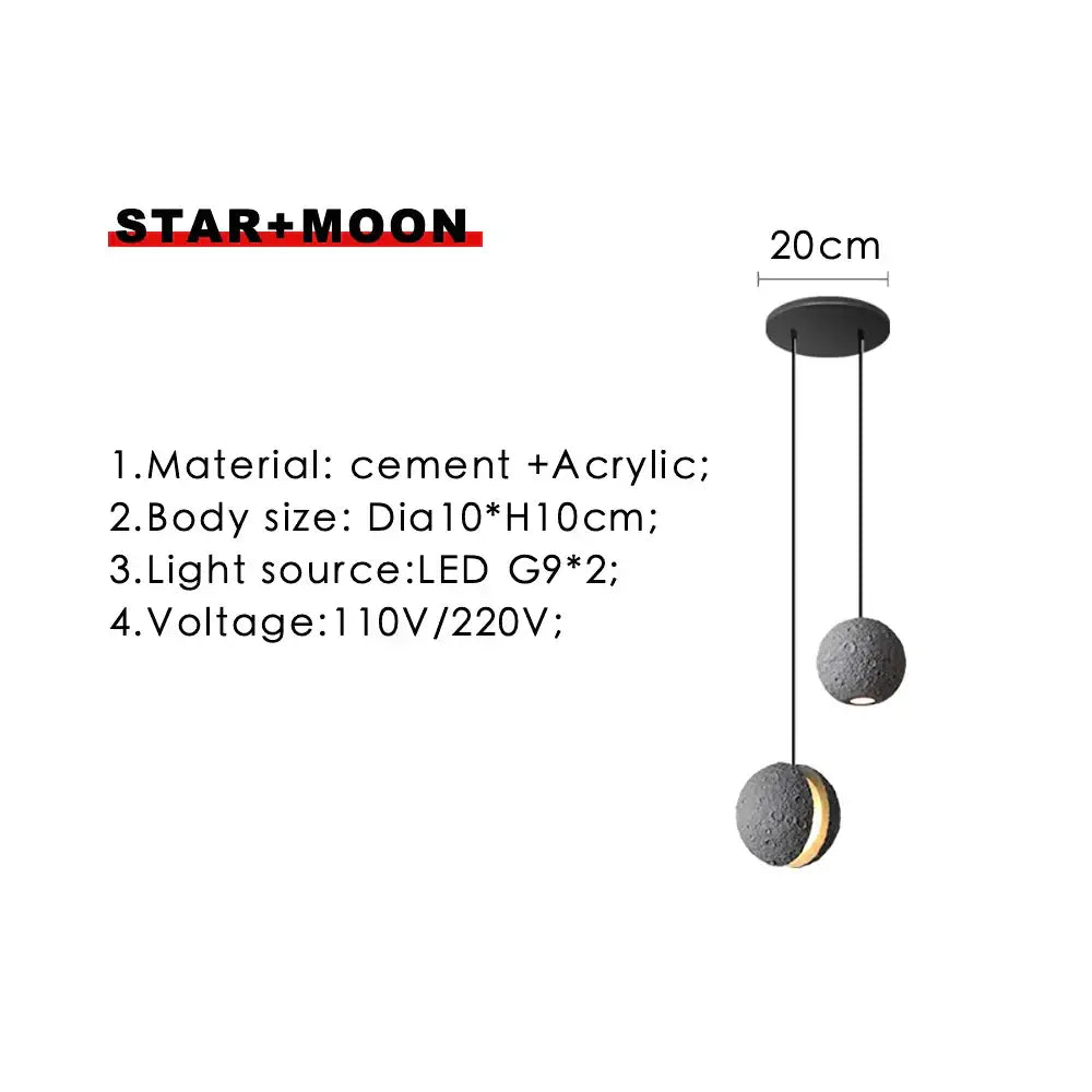 Black cement and acrylic industrial cement pendant light with gray moon and star orbs for dining room decorbites pendant lights