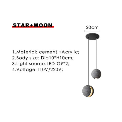 Black cement and acrylic industrial cement pendant light with gray moon and star orbs for dining room decorbites pendant lights