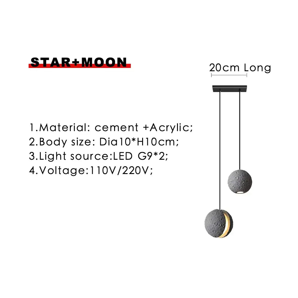 Industrial cement pendant light gray moon star dining room lamp with two spherical cement and acrylic globes gold accent ring