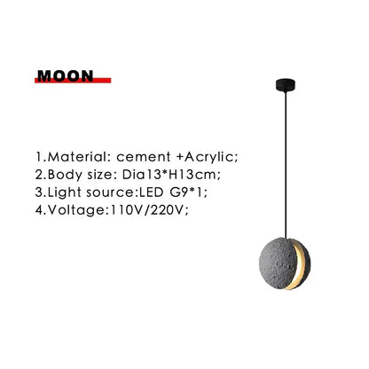 Industrial cement pendant light in gray with a textured moon shape and acrylic crescent glow for dining room decorbites industrial cement