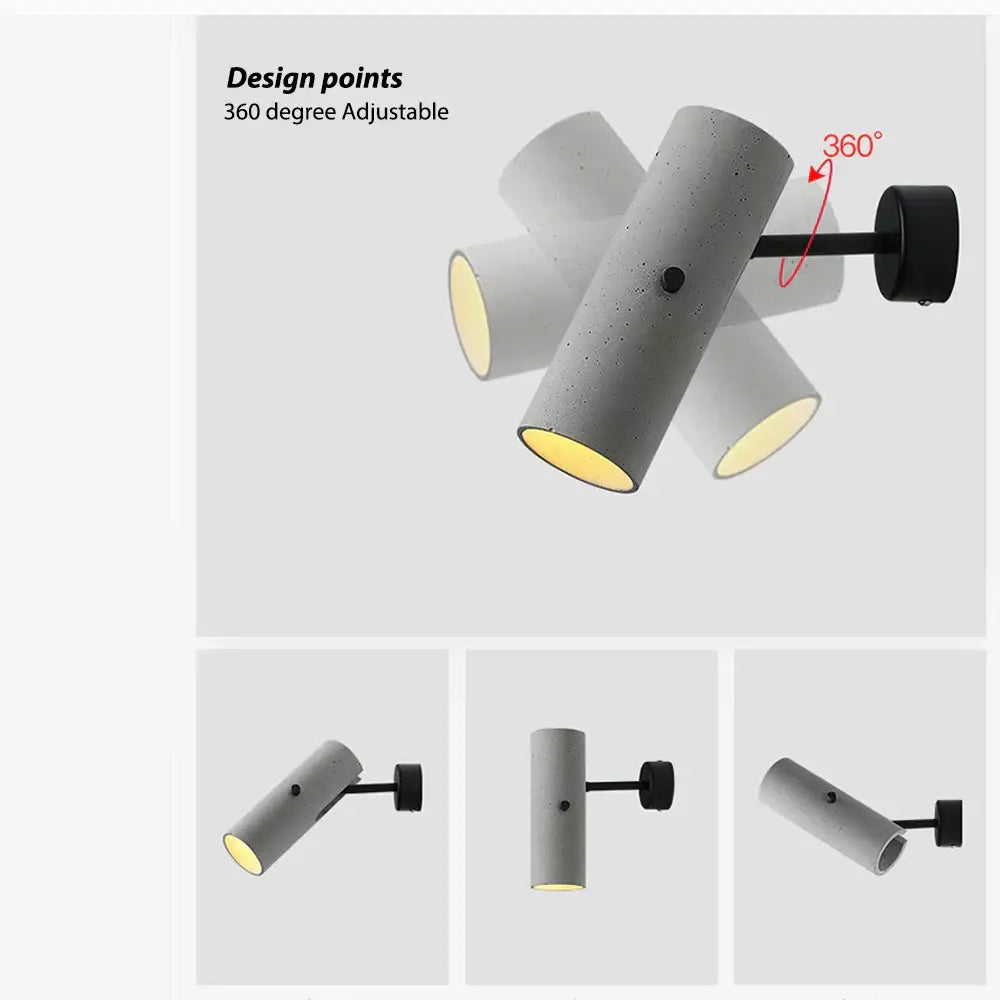Gray concrete cylindrical industrial cement wall lamp with black bracket and 360-degree adjustable head for living room decorbites industrial cement wall lighting