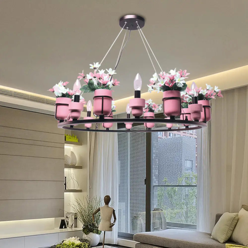 Industrial Ceramic Hanging Chandelier with Potted Plant Design - 6/8 Lights - Pink/Blue Circular Pendant Ceiling Light