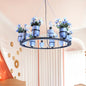 Industrial Ceramic Hanging Chandelier with Potted Plant Design - 6/8 Lights - Pink/Blue Circular Pendant Ceiling Light