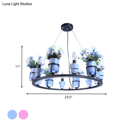 Industrial Ceramic Hanging Chandelier with Potted Plant Design - 6/8 Lights - Pink/Blue Circular Pendant Ceiling Light