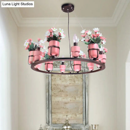 Industrial Ceramic Hanging Chandelier with Potted Plant Design - 6/8 Lights - Pink/Blue Circular Pendant Ceiling Light