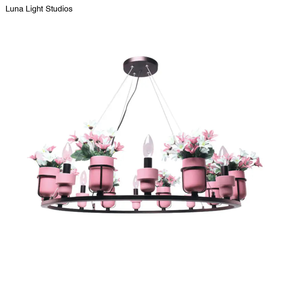 Industrial Ceramic Hanging Chandelier with Potted Plant Design - 6/8 Lights - Pink/Blue Circular Pendant Ceiling Light