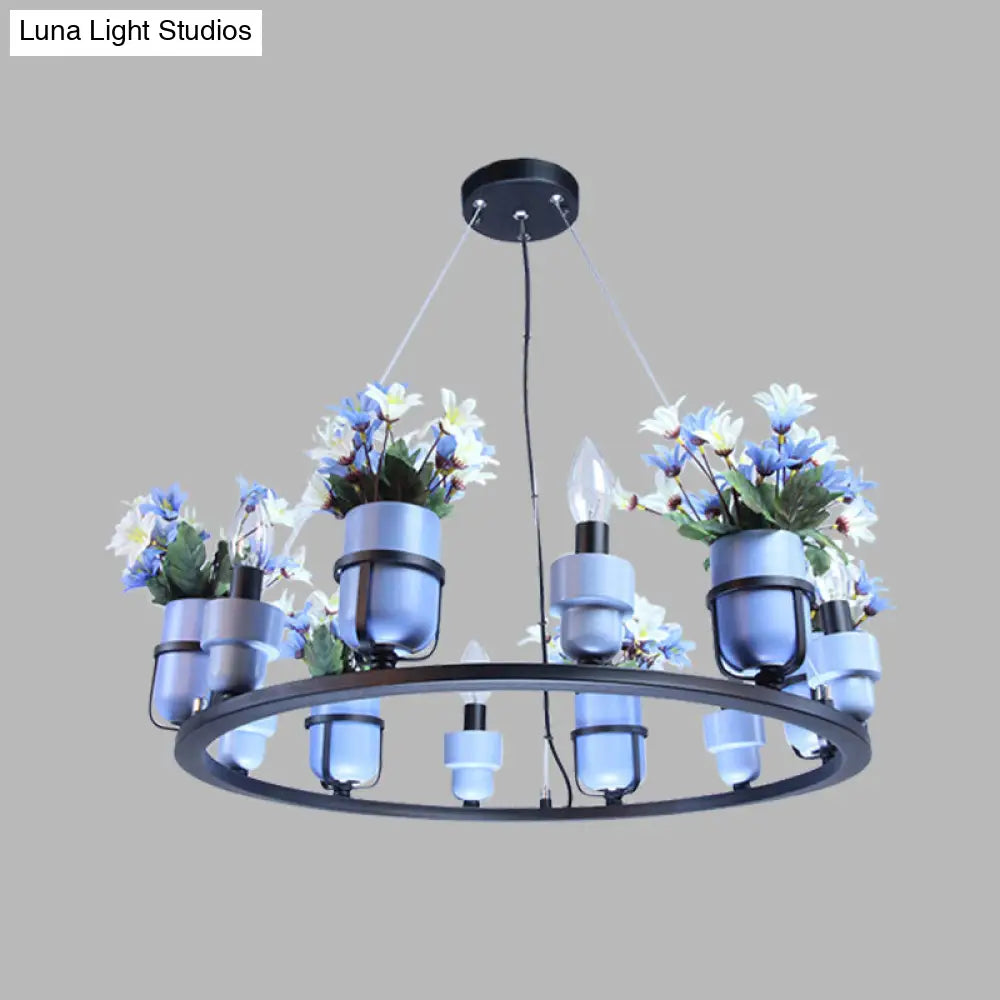 Industrial Ceramic Hanging Chandelier with Potted Plant Design - 6/8 Lights - Pink/Blue Circular Pendant Ceiling Light