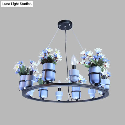 Industrial Ceramic Hanging Chandelier with Potted Plant Design - 6/8 Lights - Pink/Blue Circular Pendant Ceiling Light