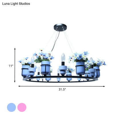 Industrial Ceramic Hanging Chandelier with Potted Plant Design - 6/8 Lights - Pink/Blue Circular Pendant Ceiling Light