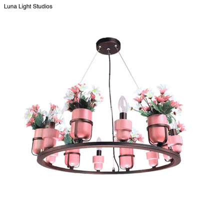 Industrial Ceramic Hanging Chandelier with Potted Plant Design - 6/8 Lights - Pink/Blue Circular Pendant Ceiling Light