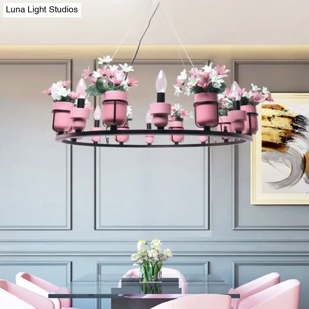 Industrial Ceramic Hanging Chandelier with Potted Plant Design - 6/8 Lights - Pink/Blue Circular Pendant Ceiling Light