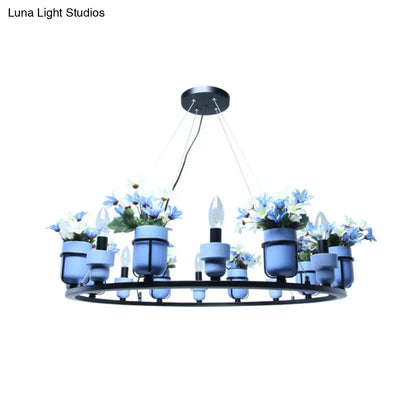 Industrial Ceramic Hanging Chandelier with Potted Plant Design - 6/8 Lights - Pink/Blue Circular Pendant Ceiling Light