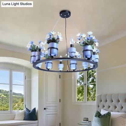 Industrial Ceramic Hanging Chandelier with Potted Plant Design - 6/8 Lights - Pink/Blue Circular Pendant Ceiling Light