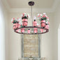 Industrial Ceramic Hanging Chandelier with Potted Plant Design - 6/8 Lights - Pink/Blue Circular Pendant Ceiling Light