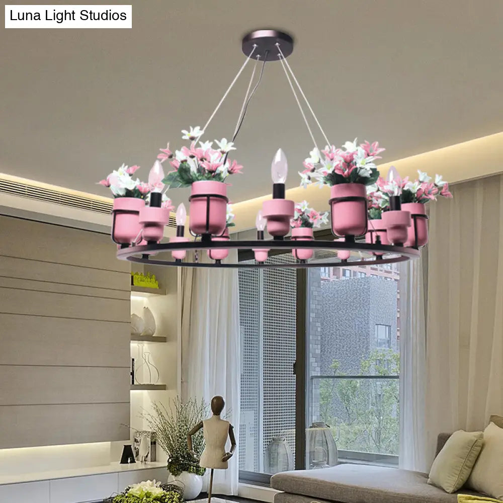 Industrial Ceramic Hanging Chandelier with Potted Plant Design - 6/8 Lights - Pink/Blue Circular Pendant Ceiling Light