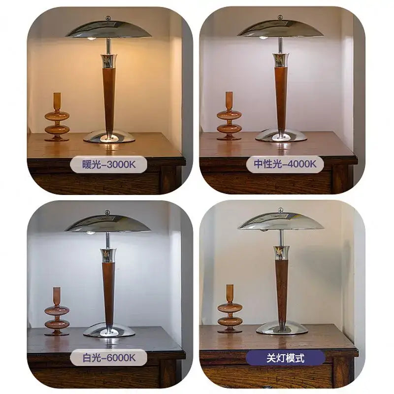 A decorbites industrial desk lamp with a polished chrome dome shade and slender wooden stem for modern decor