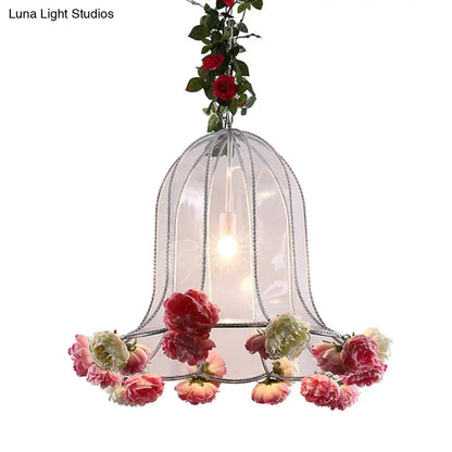 Industrial Chrome Bell Pendant Light with Rose Decor - 1 Bulb LED Hanging Lamp Kit for Restaurants - 16"/23.5" W Metal Fixture