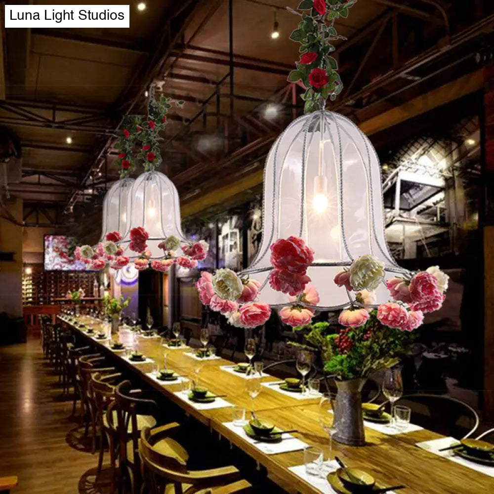 Industrial Chrome Bell Pendant Light with Rose Decor - 1 Bulb LED Hanging Lamp Kit for Restaurants - 16"/23.5" W Metal Fixture