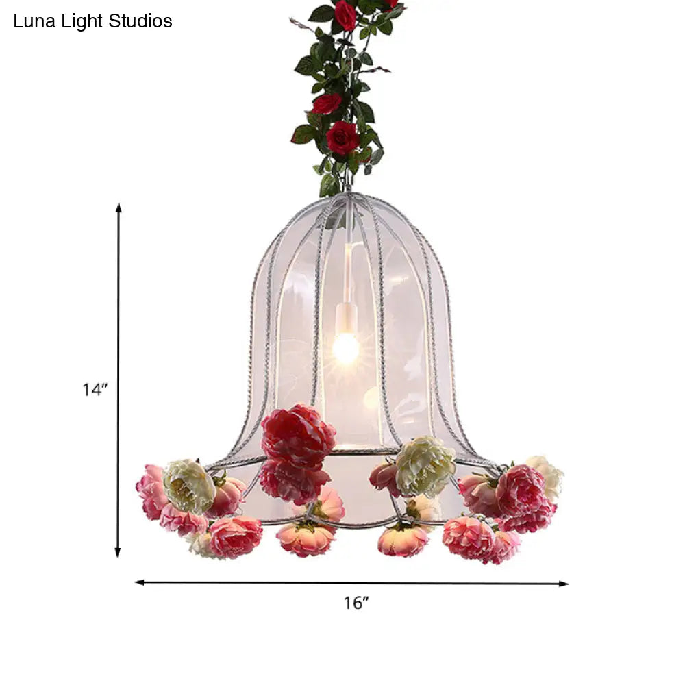 Industrial Chrome Bell Pendant Light with Rose Decor - 1 Bulb LED Hanging Lamp Kit for Restaurants - 16"/23.5" W Metal Fixture