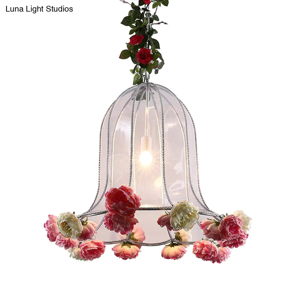 Industrial Chrome Bell Pendant Light with Rose Decor - 1 Bulb LED Hanging Lamp Kit for Restaurants - 16"/23.5" W Metal Fixture