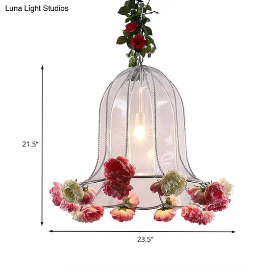 Industrial Chrome Bell Pendant Light with Rose Decor - 1 Bulb LED Hanging Lamp Kit for Restaurants - 16"/23.5" W Metal Fixture