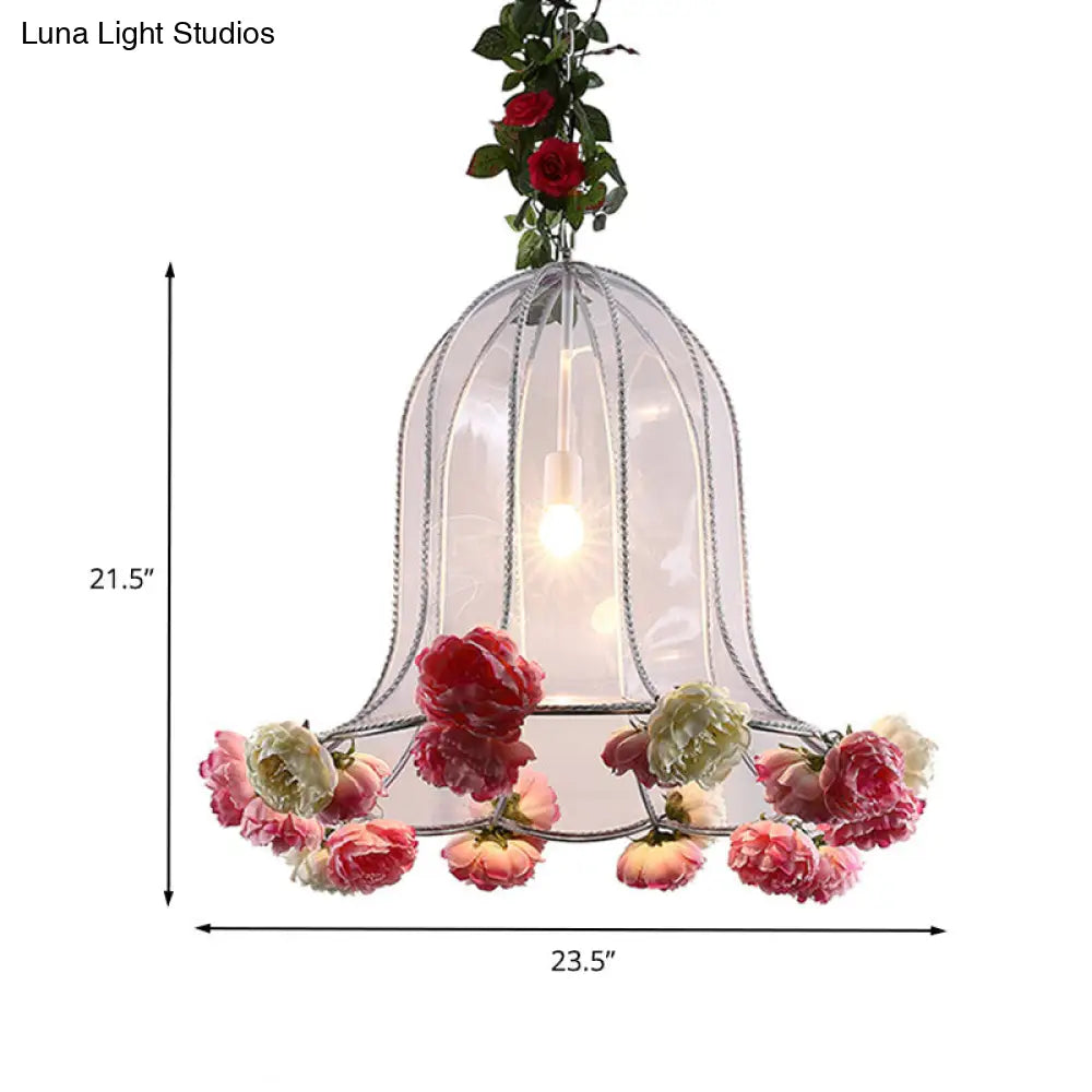 Industrial Chrome Bell Pendant Light with Rose Decor - 1 Bulb LED Hanging Lamp Kit for Restaurants - 16"/23.5" W Metal Fixture