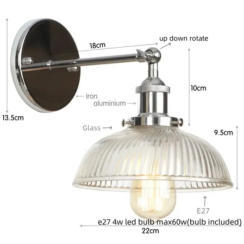 Chrome finished industrial wall sconce with clear ribbed glass shade and exposed Edison bulb for stairway decorbites clear glass