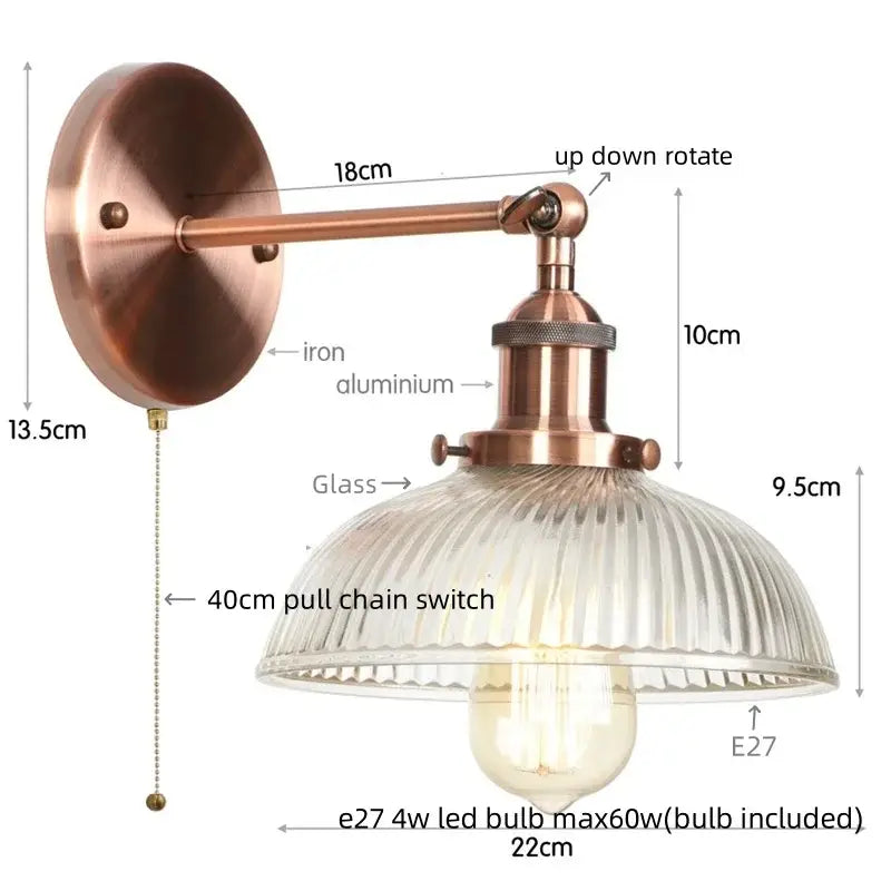 Copper-finished industrial wall sconce with clear ribbed glass shade and E27 led bulb by decorbites clear glass