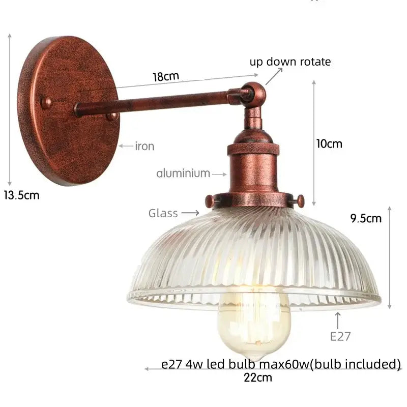 Antique brass-finished industrial wall sconce with ribbed clear glass shade and E27 led bulb by decorbites clear glass