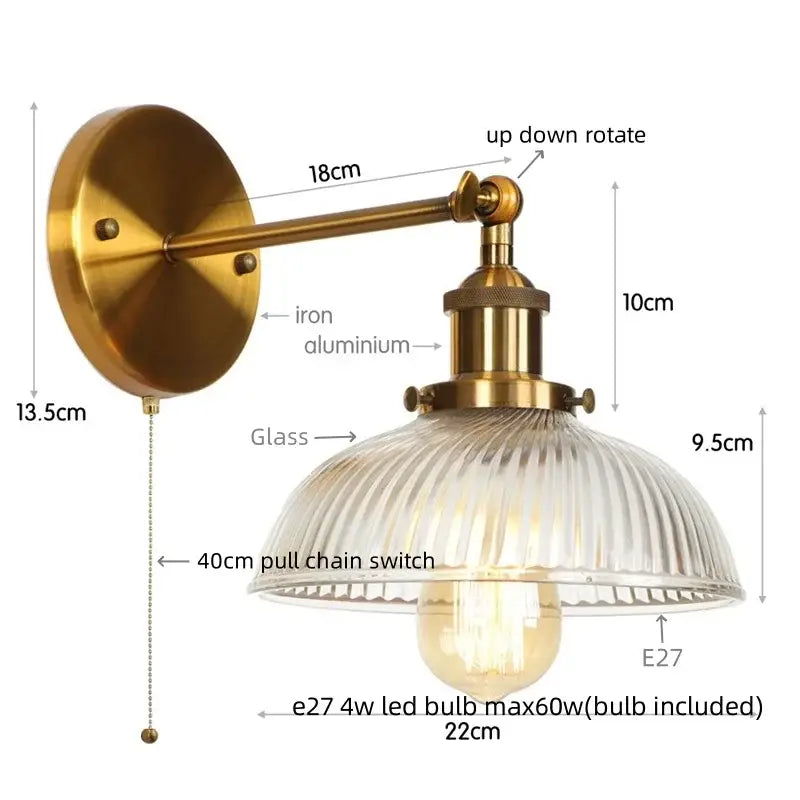 Antique brass-finished wall sconce with ribbed clear glass shade and E27 led bulb by decorbites clear glass