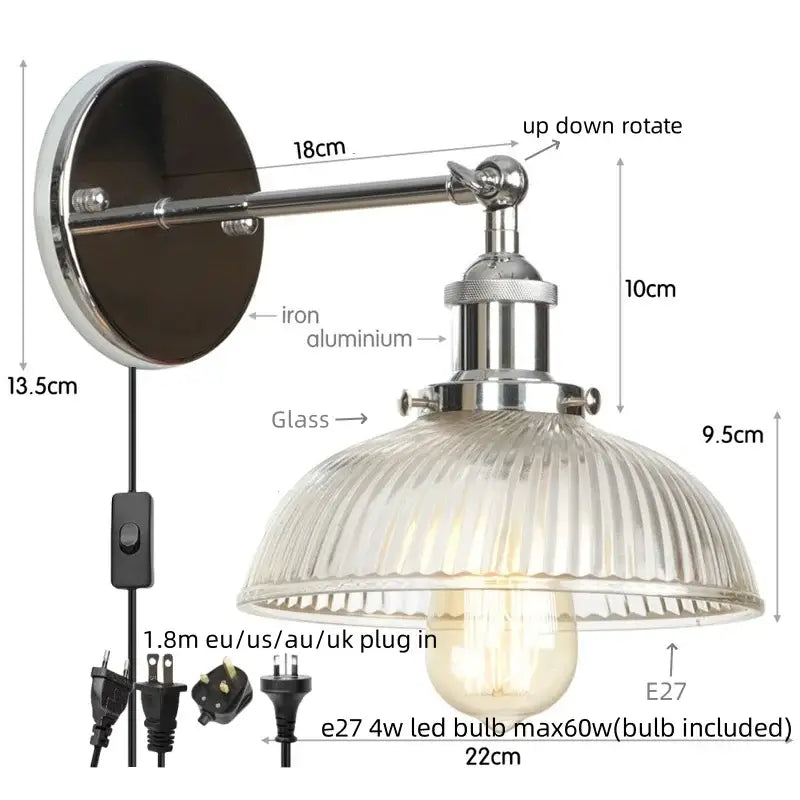 A sleek industrial chrome wall sconce with clear ribbed glass shade for stairway lighting by decorbites clear glass