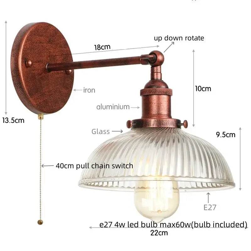 Antique brass-finished industrial wall sconce with ribbed clear glass shade and e27 led bulb decorbites clear glass design