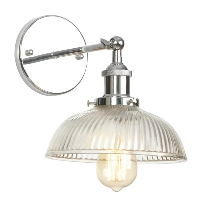 Industrial chrome wall sconce with clear glass ribbed shade and exposed edison bulb by decorbites clear glass