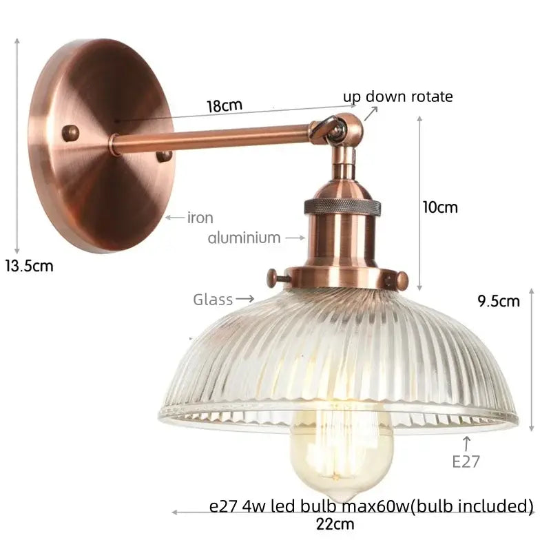 Copper-finished industrial wall sconce with clear ribbed glass shade and e27 led bulb for stairway lighting decorbites clear glass