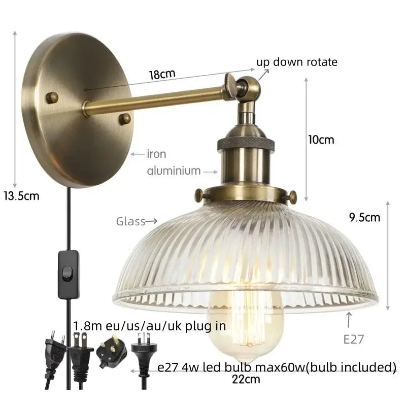 Antique brass wall sconce with ribbed clear glass shade and adjustable arm for decorbites clear glass lighting decor