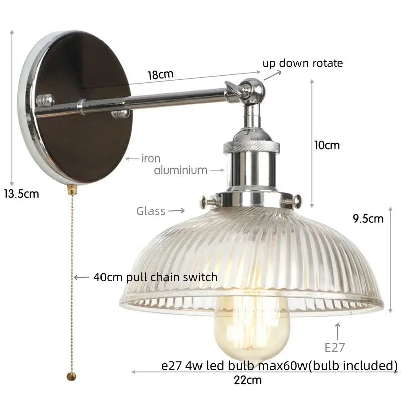 Industrial chrome wall sconce with polished finish adjustable arm and clear ribbed glass shade decorbites clear glass