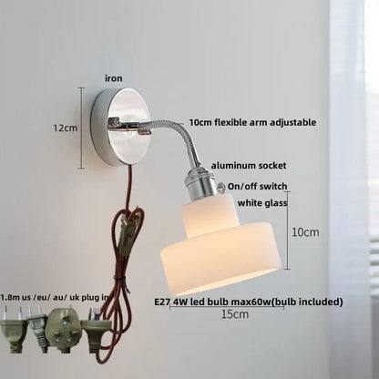Adjustable industrial chrome led wall lamp sconce with tiered white glass shade and flexible 10cm arm for bedroom reading