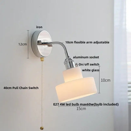 Industrial chrome flexible led wall lamp sconce with chrome iron base and two stacked white glass shades for bedroom reading