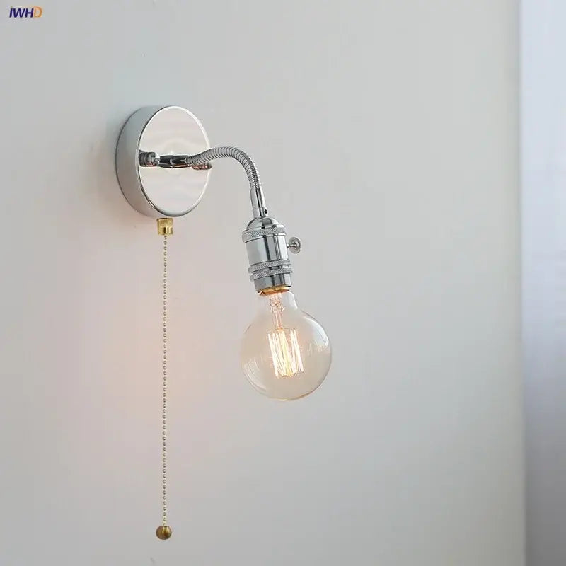 Industrial chrome flexible led wall lamp sconce with gooseneck and exposed Edison bulb for bedroom reading light
