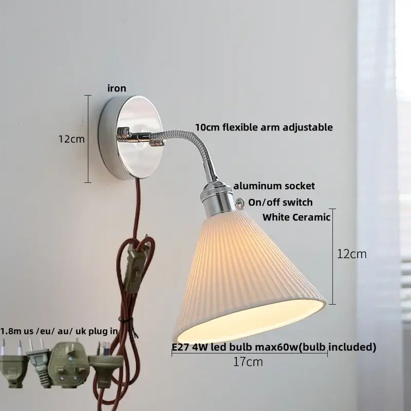 A sleek industrial chrome led wall lamp sconce with adjustable flexible arm and white ceramic conical shade