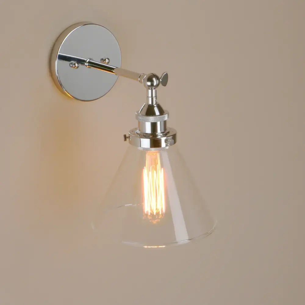 Industrial chrome glass shade wall sconce with clear conical shade and exposed edison bulb bedroom light fixture