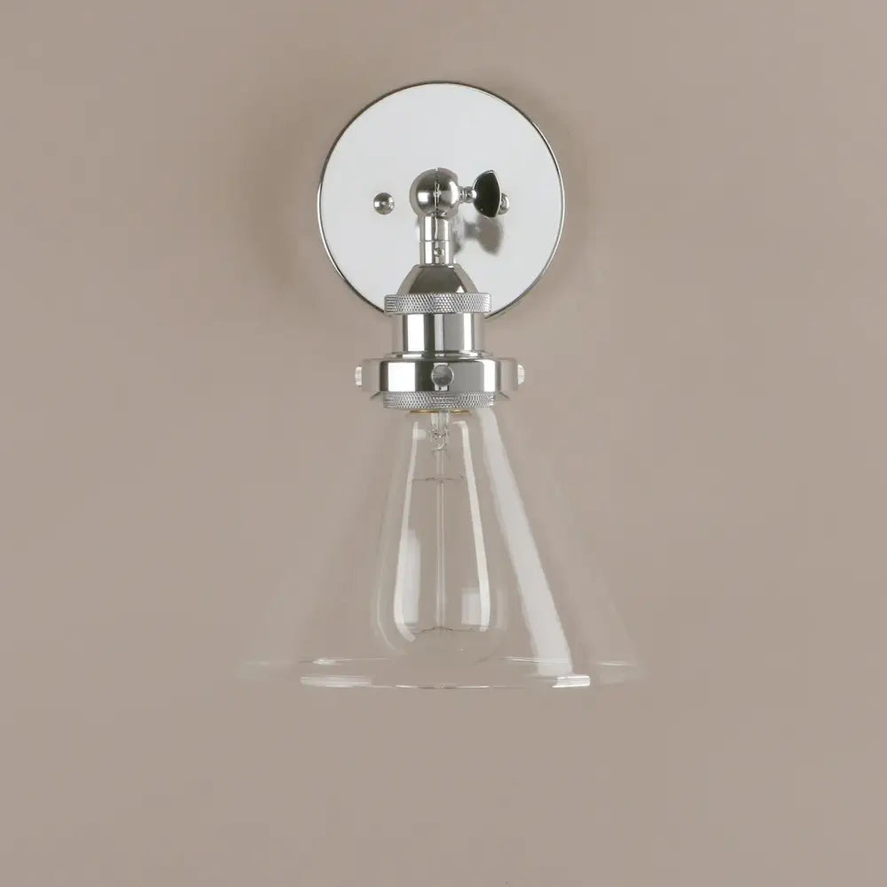 Industrial chrome wall sconce with clear glass conical shade light fixture for bedroom use