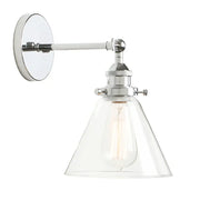 Chrome finished industrial-style wall sconce with clear glass shade and exposed Edison bulb for bedroom light fixture