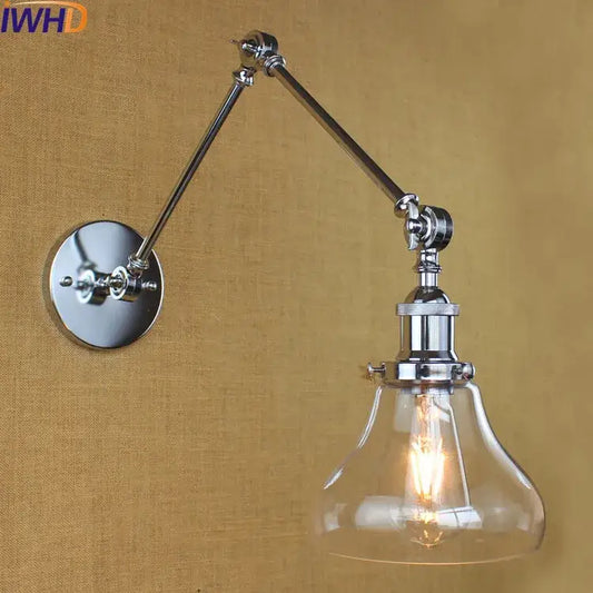 Industrial chrome glass swing arm wall lamp with clear bell-shaped shade and exposed edison bulb for bedroom decorbites glass swing