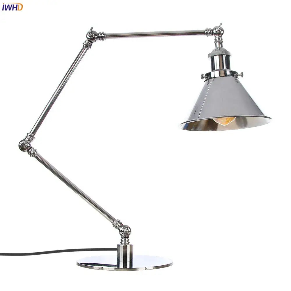 Chrome-finished industrial led table lamp with adjustable arm and conical shade for decorbites industrial led bedroom use