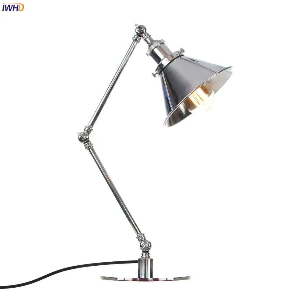Chrome finished industrial led table lamp with adjustable conical shade and articulated arm for bedroom decorbites industrial led use