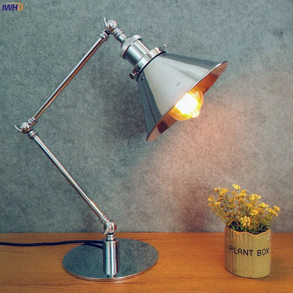 Chrome finished industrial led table lamp with adjustable conical shade and exposed bulb for modern decorbites industrial led use