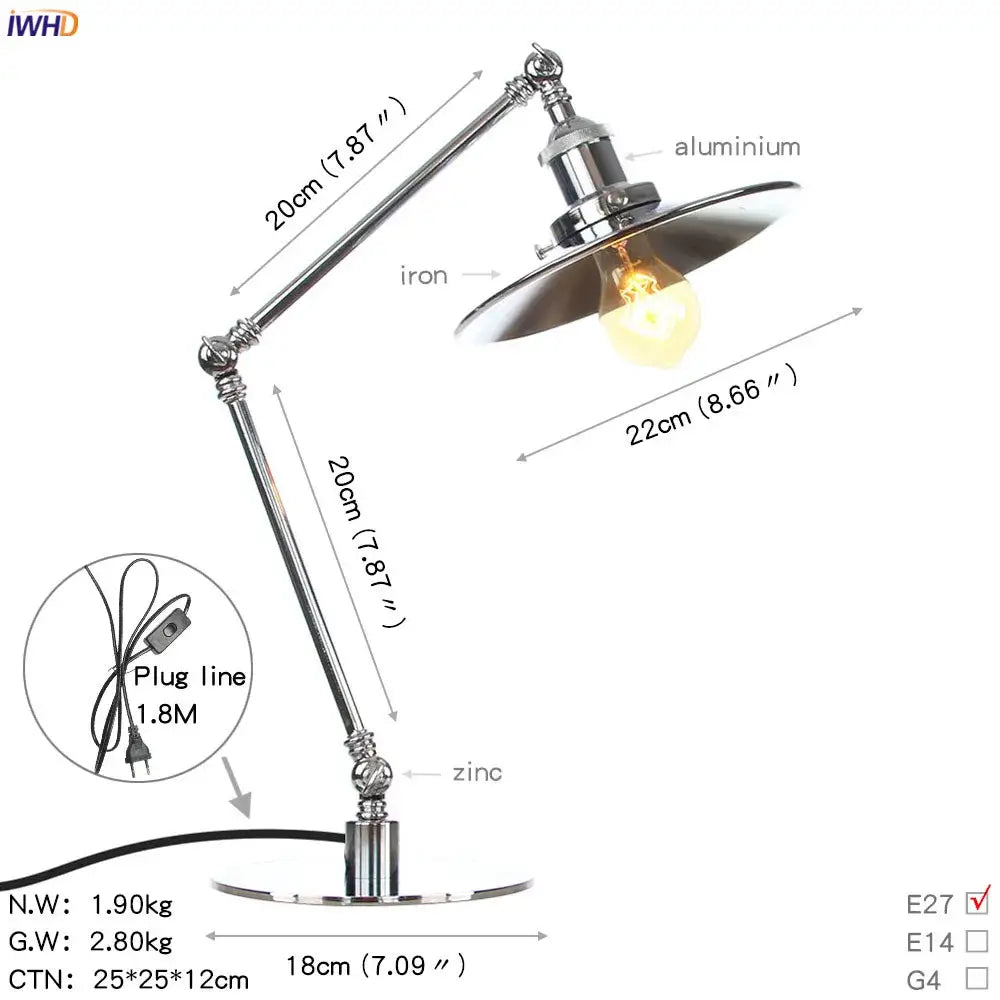 Industrial chrome led table lamp with adjustable iron arm, aluminum shade, and edison bulb for modern decorbites industrial led use